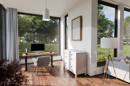 modern home office with a big sunny window